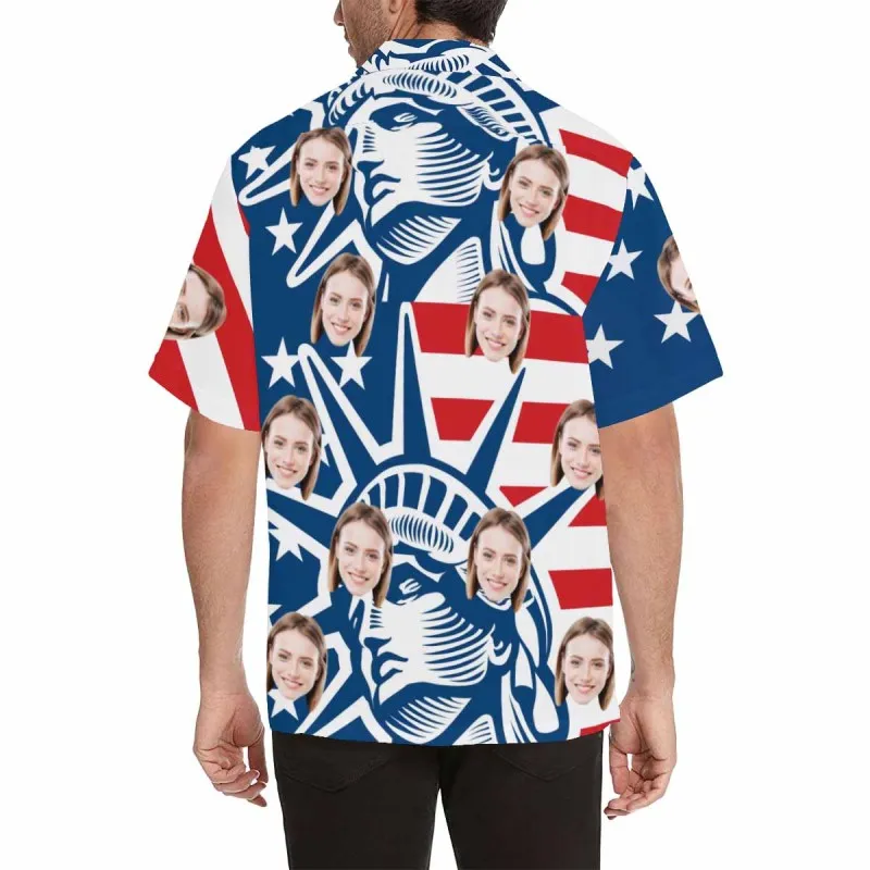 Custom Hawaiian Shirts with Girlfriend Face Flowers USA Flag Aloha Shirt Birthday Vacation Party Gift for Him