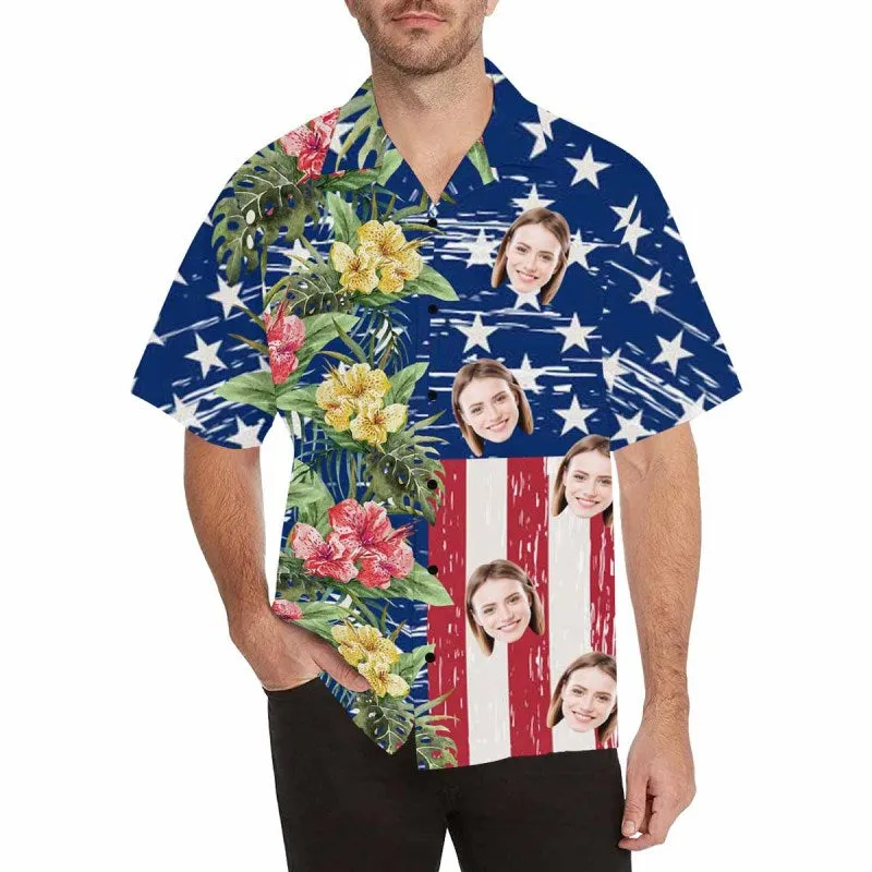 Custom Hawaiian Shirts with Girlfriend Face Flowers USA Flag Aloha Shirt Birthday Vacation Party Gift for Him