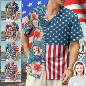 Custom Hawaiian Shirts with Girlfriend Face Flowers USA Flag Aloha Shirt Birthday Vacation Party Gift for Him