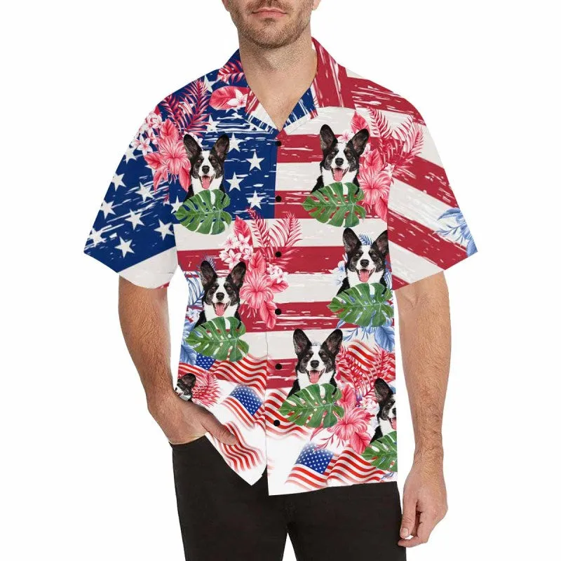 Custom Hawaiian Shirts with Girlfriend Face Flowers USA Flag Aloha Shirt Birthday Vacation Party Gift for Him
