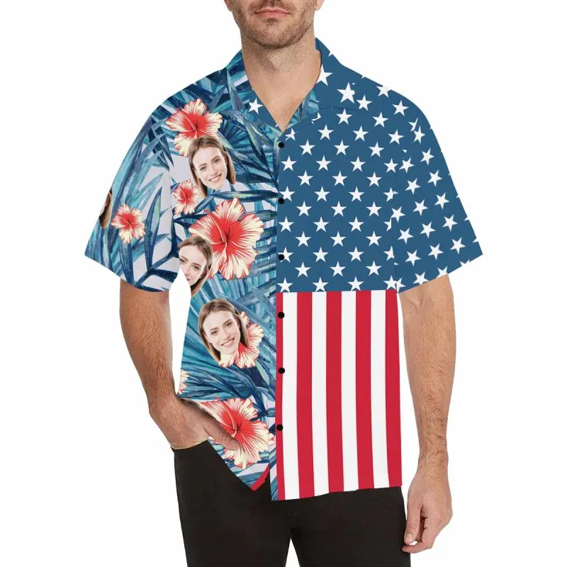 Custom Hawaiian Shirts with Girlfriend Face Flowers USA Flag Aloha Shirt Birthday Vacation Party Gift for Him