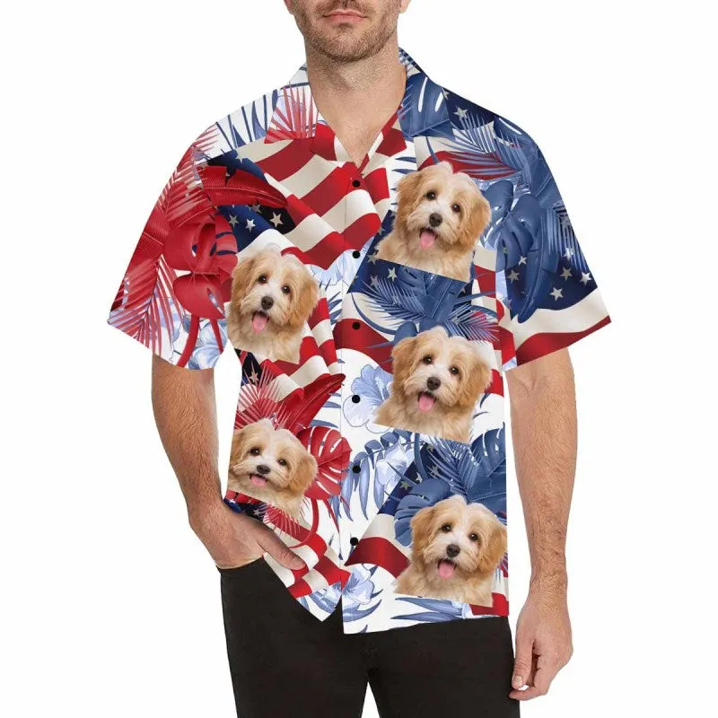 Custom Hawaiian Shirts with Girlfriend Face Flowers USA Flag Aloha Shirt Birthday Vacation Party Gift for Him