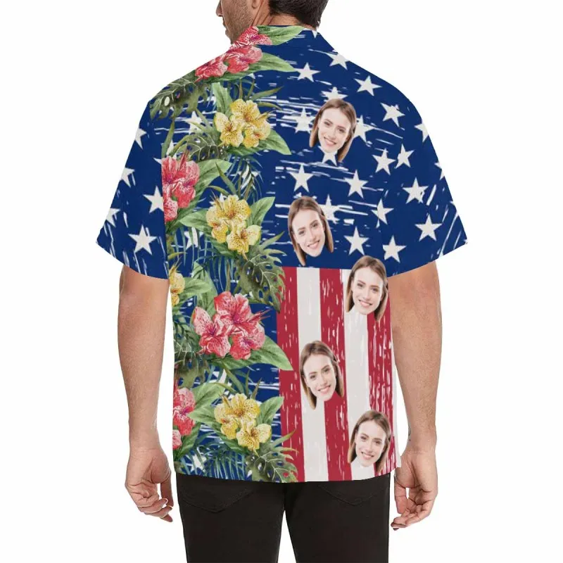 Custom Hawaiian Shirts with Girlfriend Face Flowers USA Flag Aloha Shirt Birthday Vacation Party Gift for Him