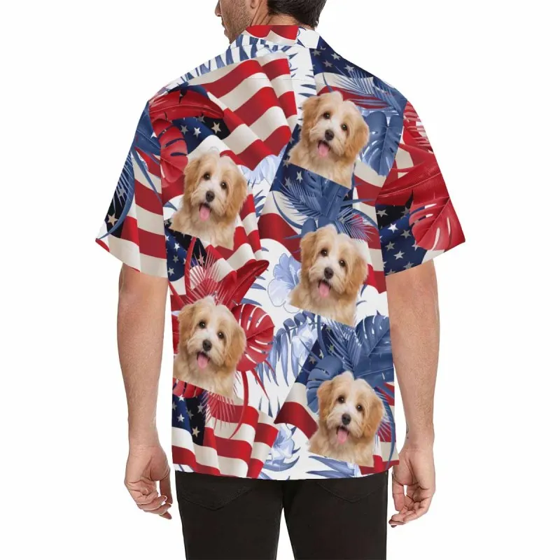 Custom Hawaiian Shirts with Girlfriend Face Flowers USA Flag Aloha Shirt Birthday Vacation Party Gift for Him