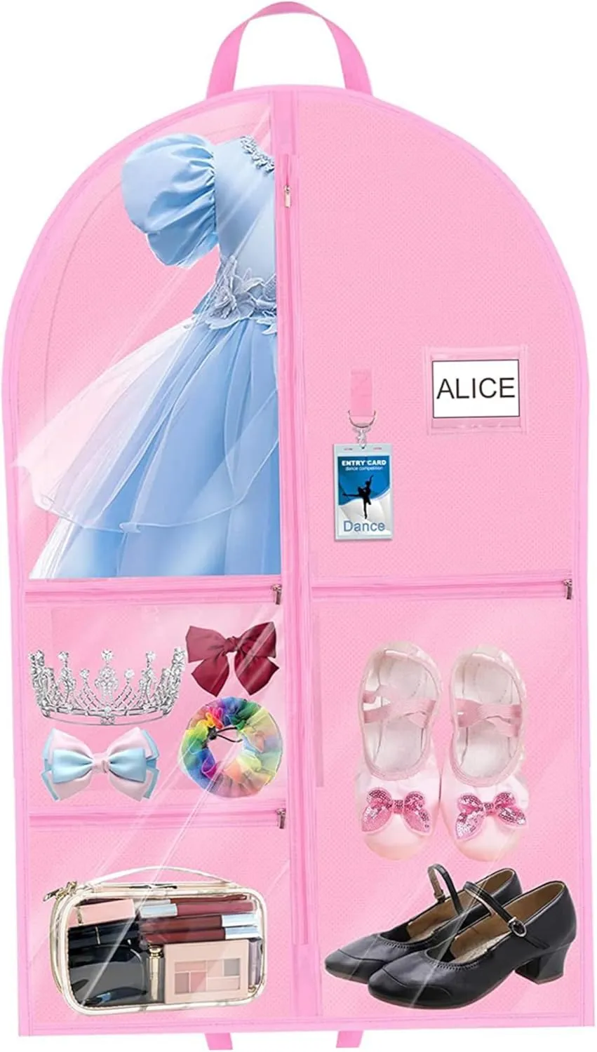 Dance Costume Garment Bag 39.4inch Dustproof Dance Bag with Garment Rack 6 Pockets Competition Portable Bags for Dancers Home Travel, with Garme