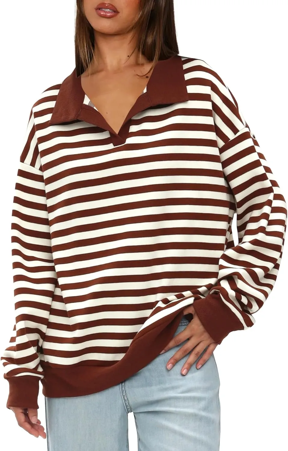 Darong Womens Oversized Contrast Striped Long Sleeve Collared Sweatshirts Casual Cotton Pullover Sweatshirt Fall Cloth