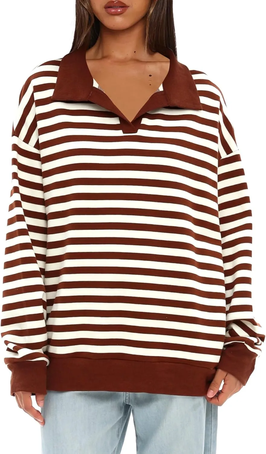 Darong Womens Oversized Contrast Striped Long Sleeve Collared Sweatshirts Casual Cotton Pullover Sweatshirt Fall Cloth
