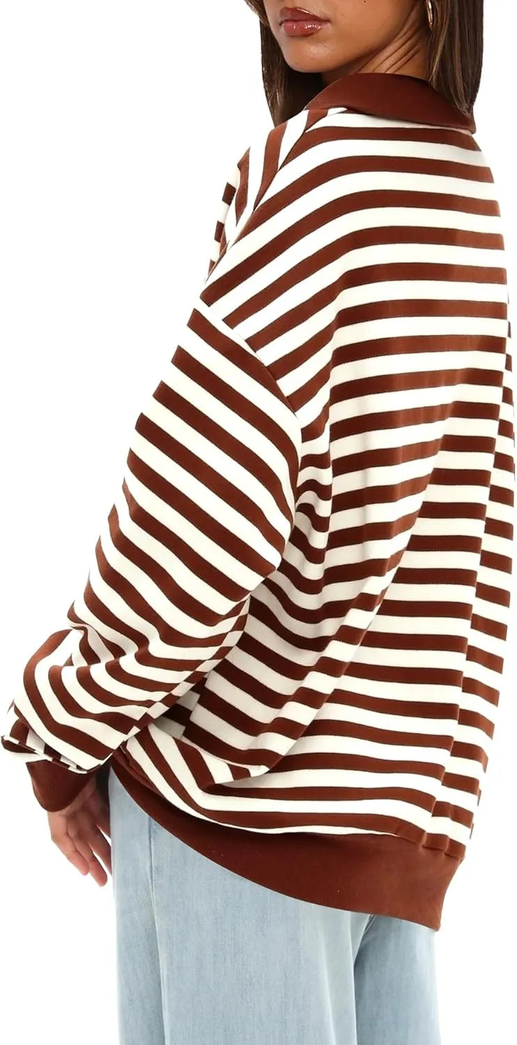 Darong Womens Oversized Contrast Striped Long Sleeve Collared Sweatshirts Casual Cotton Pullover Sweatshirt Fall Cloth