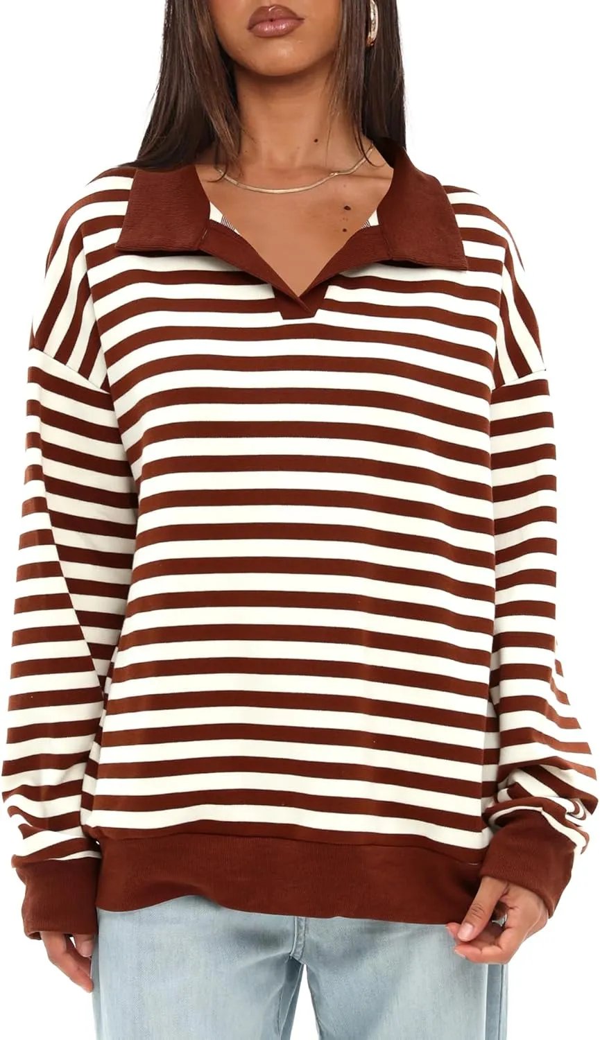 Darong Womens Oversized Contrast Striped Long Sleeve Collared Sweatshirts Casual Cotton Pullover Sweatshirt Fall Cloth