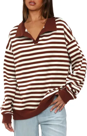 Darong Womens Oversized Contrast Striped Long Sleeve Collared Sweatshirts Casual Cotton Pullover Sweatshirt Fall Cloth