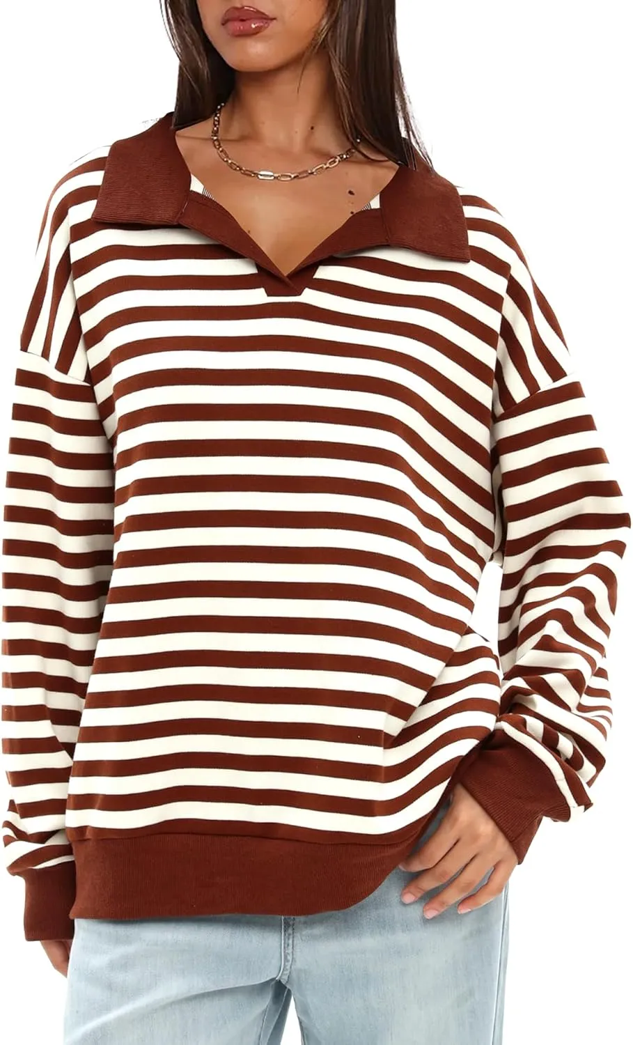 Darong Womens Oversized Contrast Striped Long Sleeve Collared Sweatshirts Casual Cotton Pullover Sweatshirt Fall Cloth