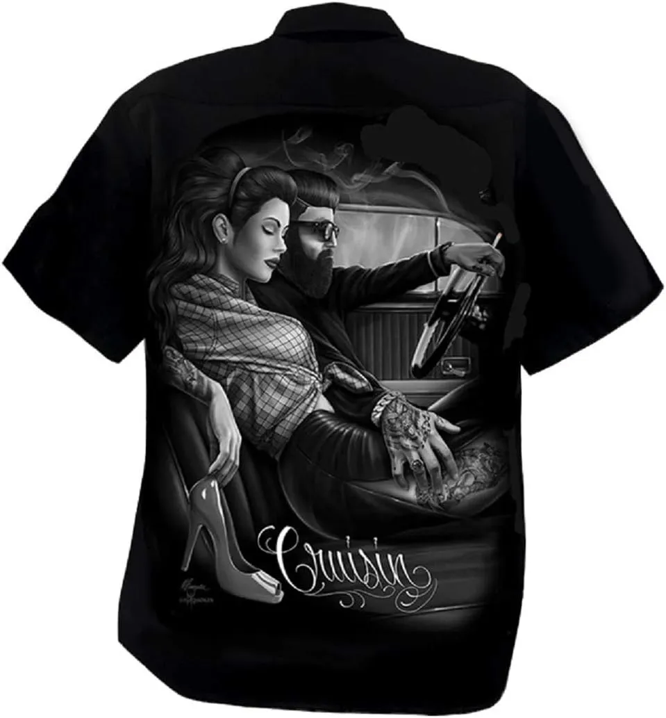 DGA Day of The Dead Rockabilly Men's Short Sleeve Button Down Relaxed Fit Work Shirt - Fresh Cut Cruisin