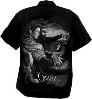 DGA Day of The Dead Rockabilly Men's Short Sleeve Button Down Relaxed Fit Work Shirt - Fresh Cut Cruisin