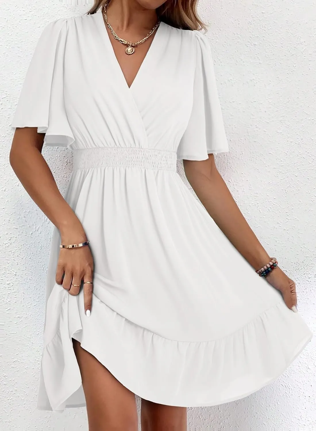 Dokotoo Women's Dress 2025 Summer Deep V Neck Elegant Ruffle Mini Dress Waist Dresses S-2XL