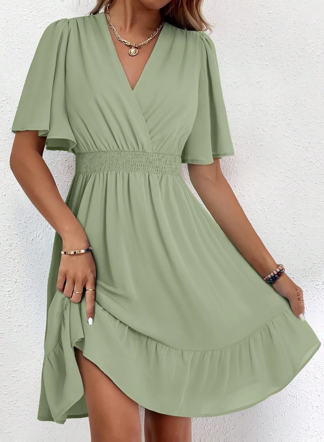 Dokotoo Women's Dress 2025 Summer Deep V Neck Elegant Ruffle Mini Dress Waist Dresses S-2XL