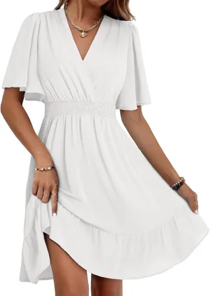 Dokotoo Women's Dress 2025 Summer Deep V Neck Elegant Ruffle Mini Dress Waist Dresses S-2XL