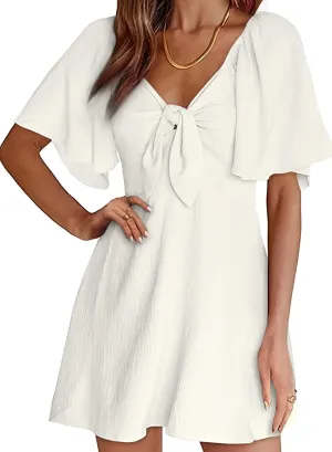 Dokotoo Womens Dresses 2025 Spring Summer Deep V Neck Elegant Bow tie Mini Dress S-XL