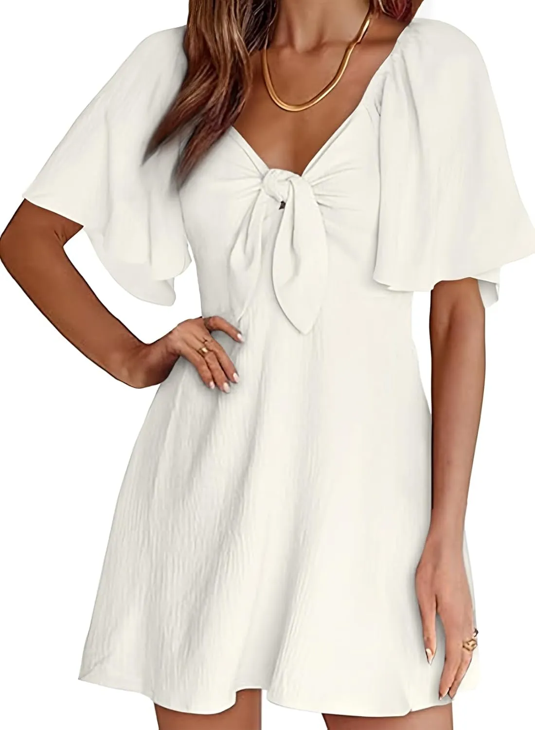 Dokotoo Womens Dresses 2025 Spring Summer Deep V Neck Elegant Bow tie Mini Dress S-XL