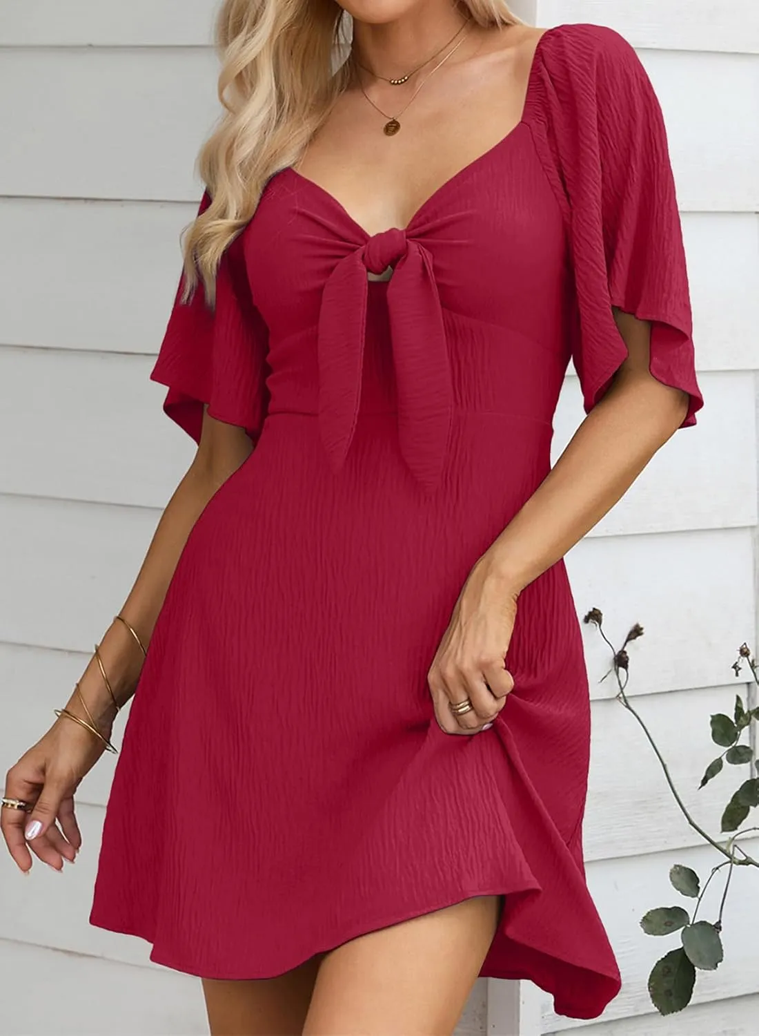 Dokotoo Womens Dresses 2025 Spring Summer Deep V Neck Elegant Bow tie Mini Dress S-XL