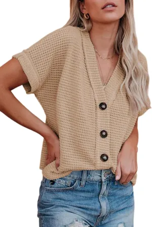 Dokotoo Womens Summer Tops 2025 Waffle Knit Button Down Shirts Casual V Neck Short Sleeve Shacket Jacket Dressy Blouses