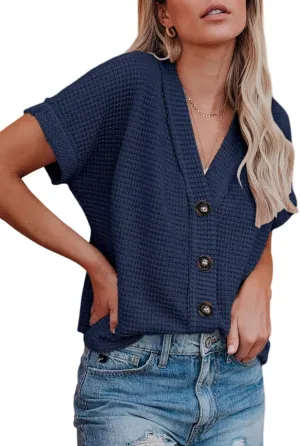Dokotoo Womens Summer Tops 2025 Waffle Knit Button Down Shirts Casual V Neck Short Sleeve Shacket Jacket Dressy Blouses