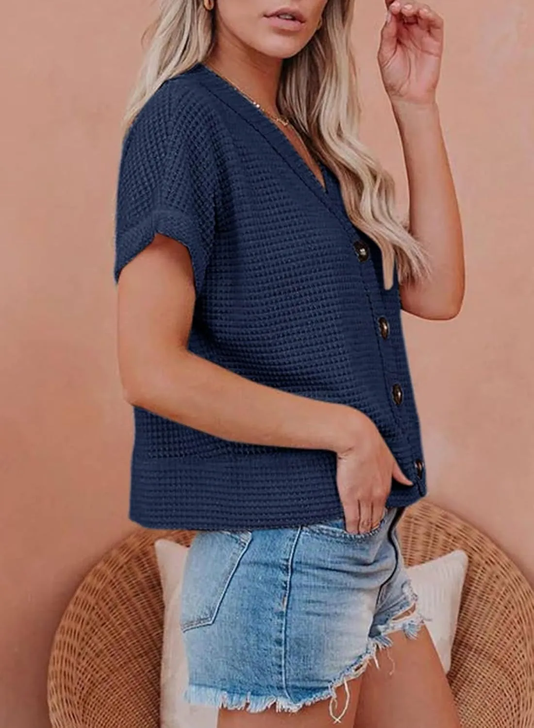 Dokotoo Womens Summer Tops 2025 Waffle Knit Button Down Shirts Casual V Neck Short Sleeve Shacket Jacket Dressy Blouses
