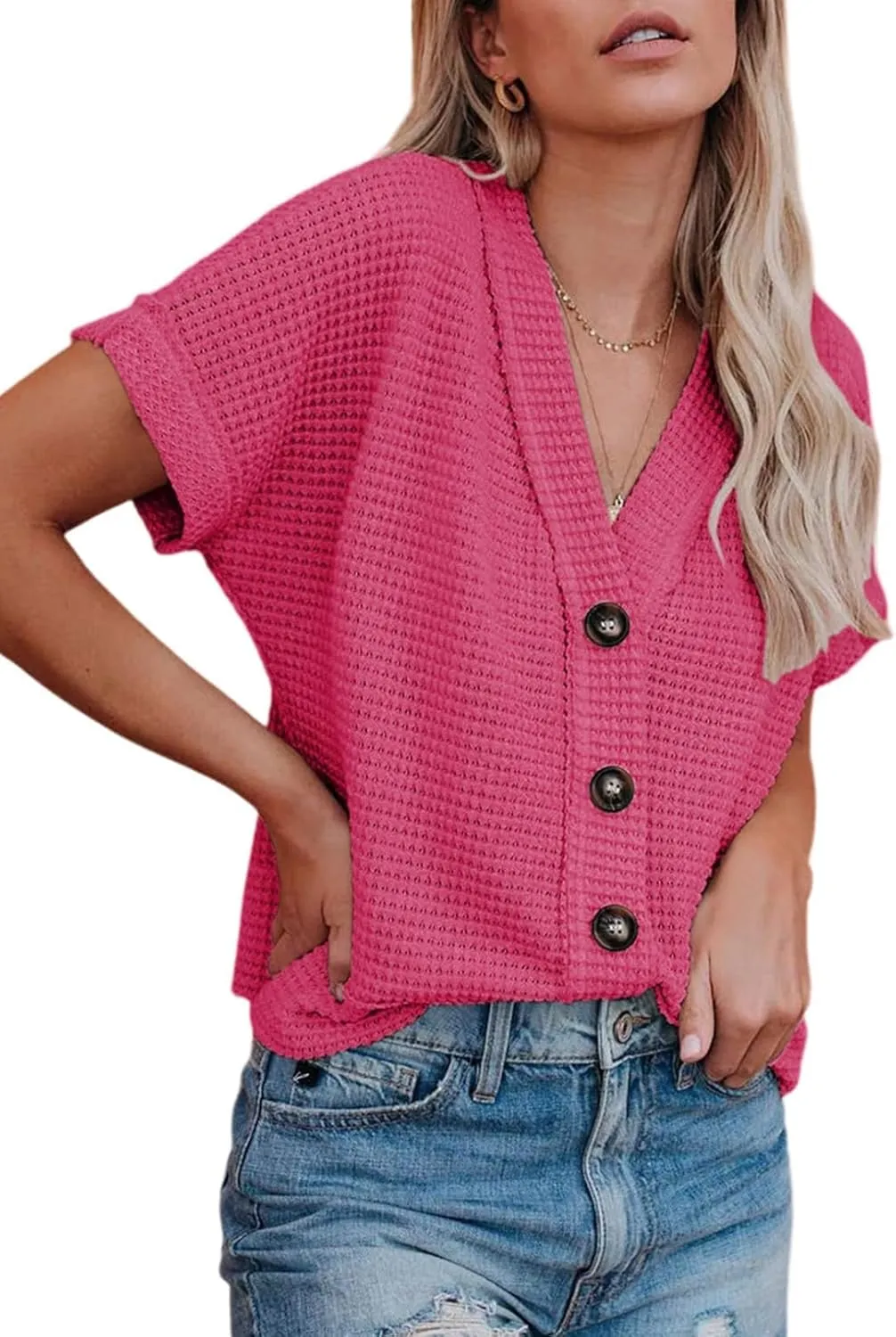 Dokotoo Womens Summer Tops 2025 Waffle Knit Button Down Shirts Casual V Neck Short Sleeve Shacket Jacket Dressy Blouses