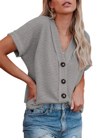Dokotoo Womens Summer Tops 2025 Waffle Knit Button Down Shirts Casual V Neck Short Sleeve Shacket Jacket Dressy Blouses