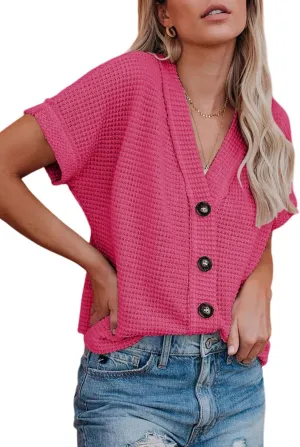 Dokotoo Womens Summer Tops 2025 Waffle Knit Button Down Shirts Casual V Neck Short Sleeve Shacket Jacket Dressy Blouses