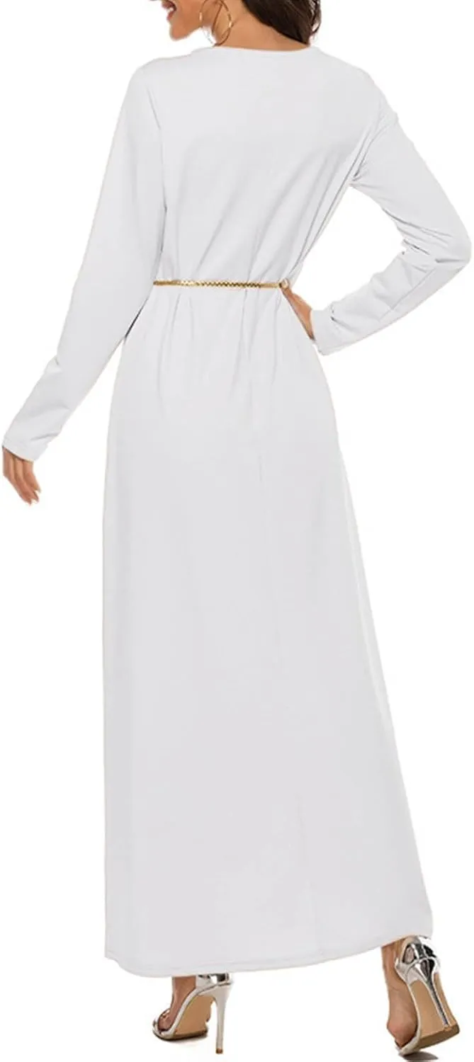 Dresses for Women Muslim Trendy Pleated Wrap Gown 2025 Solid Long Sleeve Crewneck Midi Dresses for Spring Clothing