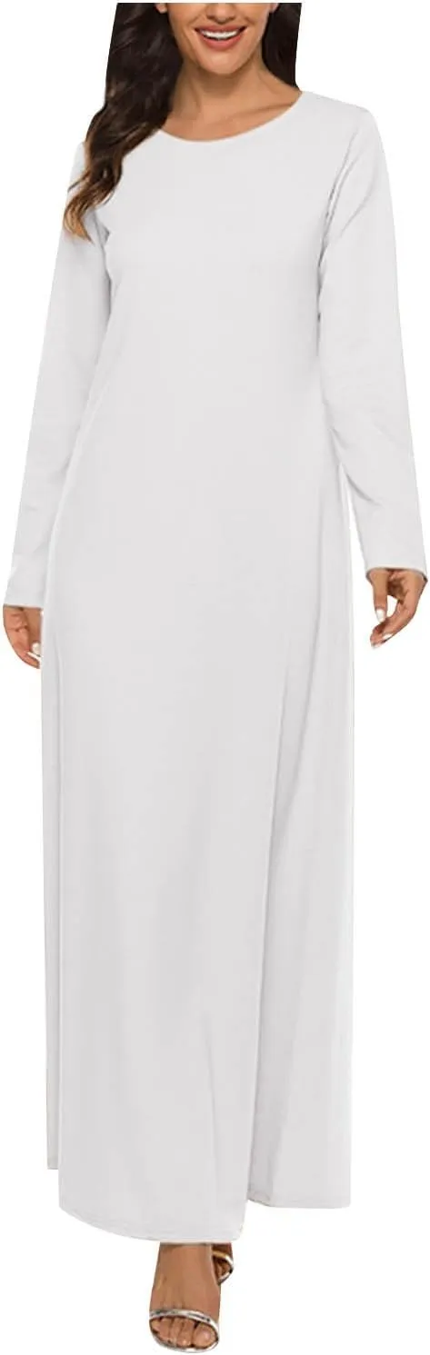 Dresses for Women Muslim Trendy Pleated Wrap Gown 2025 Solid Long Sleeve Crewneck Midi Dresses for Spring Clothing