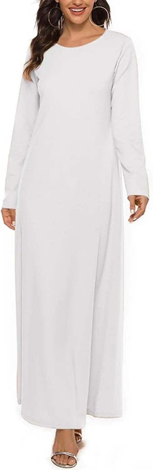 Dresses for Women Muslim Trendy Pleated Wrap Gown 2025 Solid Long Sleeve Crewneck Midi Dresses for Spring Clothing