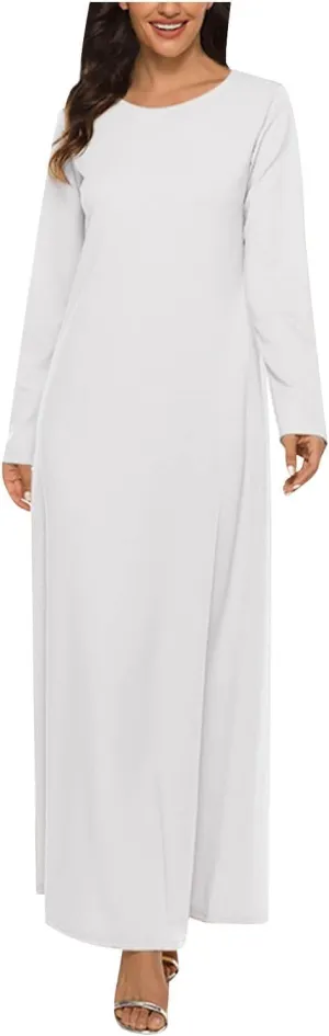 Dresses for Women Muslim Trendy Pleated Wrap Gown 2025 Solid Long Sleeve Crewneck Midi Dresses for Spring Clothing
