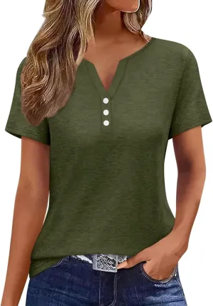 EADINVE Womens T Shirts V Neck Buttons Down Tops Casual Summer Tees Short Sleeve Loose Fit Tops Blouses