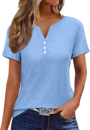 EADINVE Womens T Shirts V Neck Buttons Down Tops Casual Summer Tees Short Sleeve Loose Fit Tops Blouses