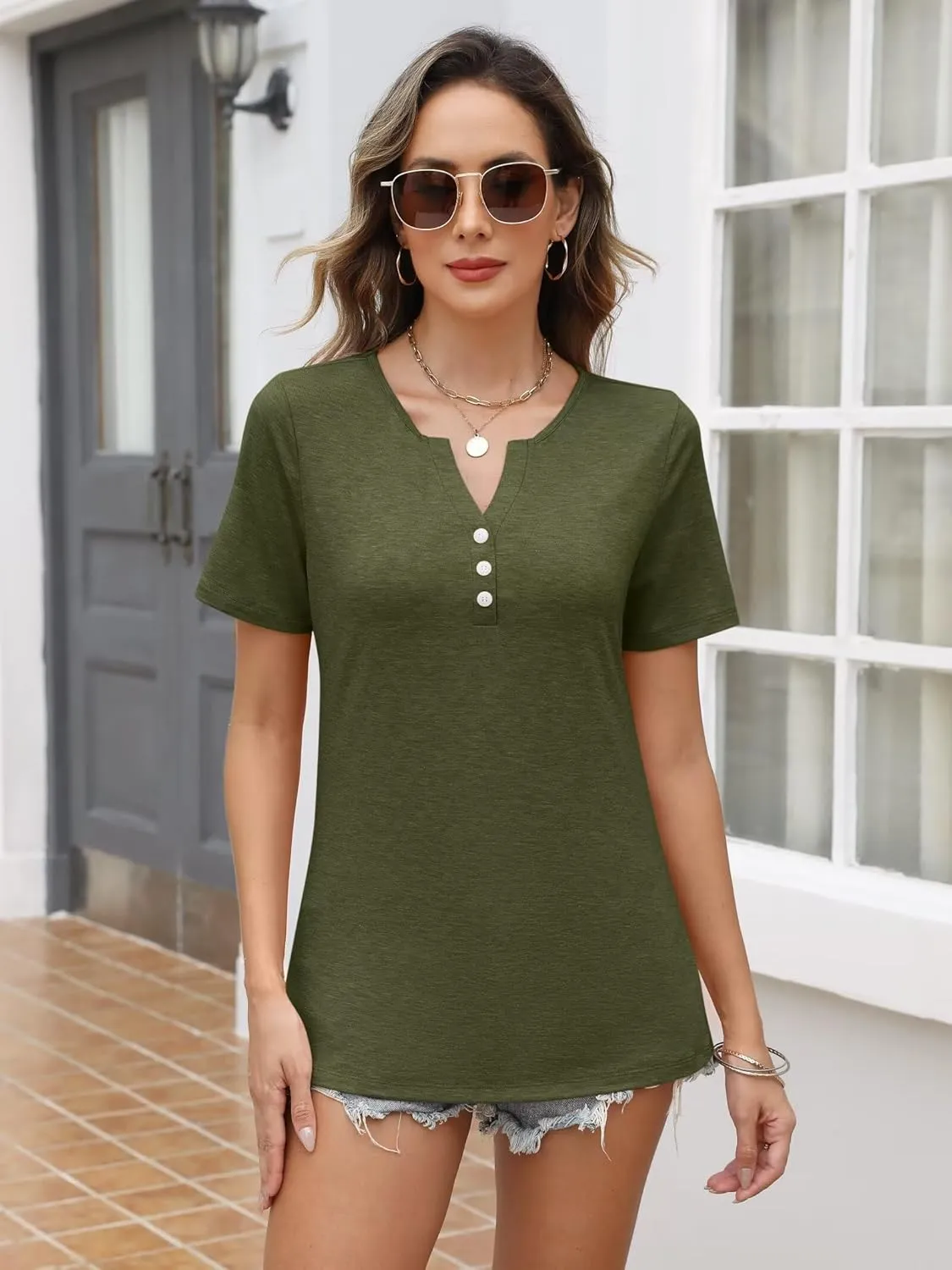 EADINVE Womens T Shirts V Neck Buttons Down Tops Casual Summer Tees Short Sleeve Loose Fit Tops Blouses