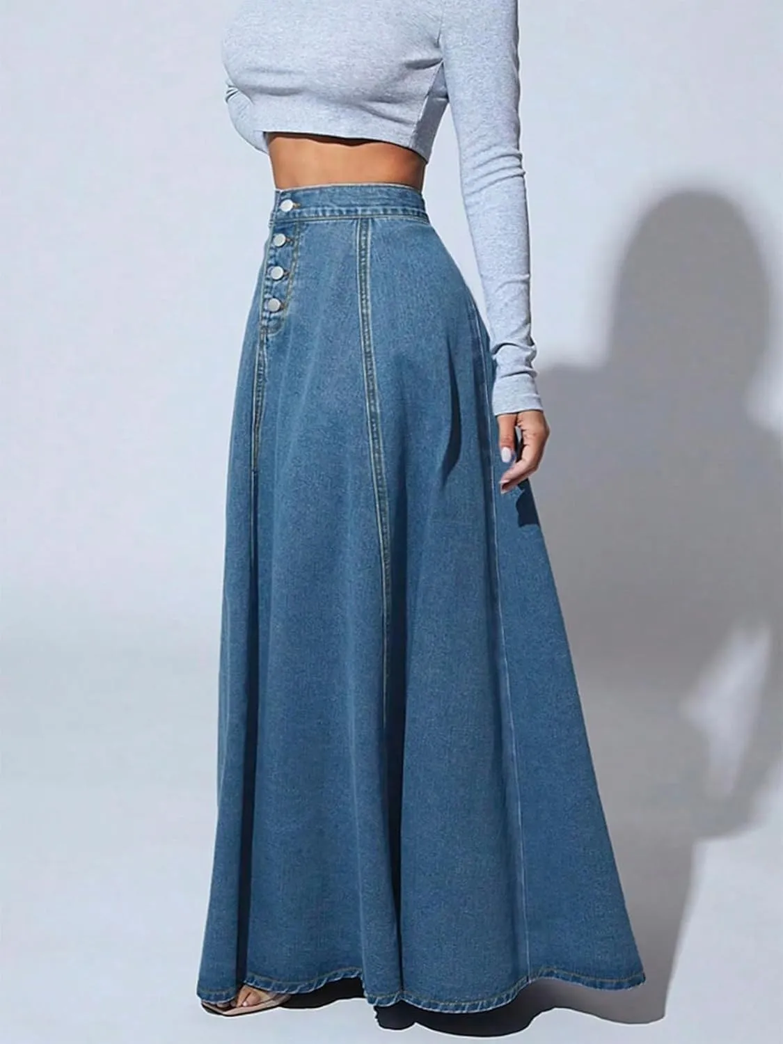 ebossy Women's Retro High Waisted Button Fly Flared Long Jean Skirts Pleated Flowy Swing A-line Denim Maxi Skirts