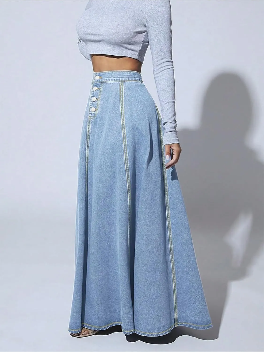 ebossy Women's Retro High Waisted Button Fly Flared Long Jean Skirts Pleated Flowy Swing A-line Denim Maxi Skirts