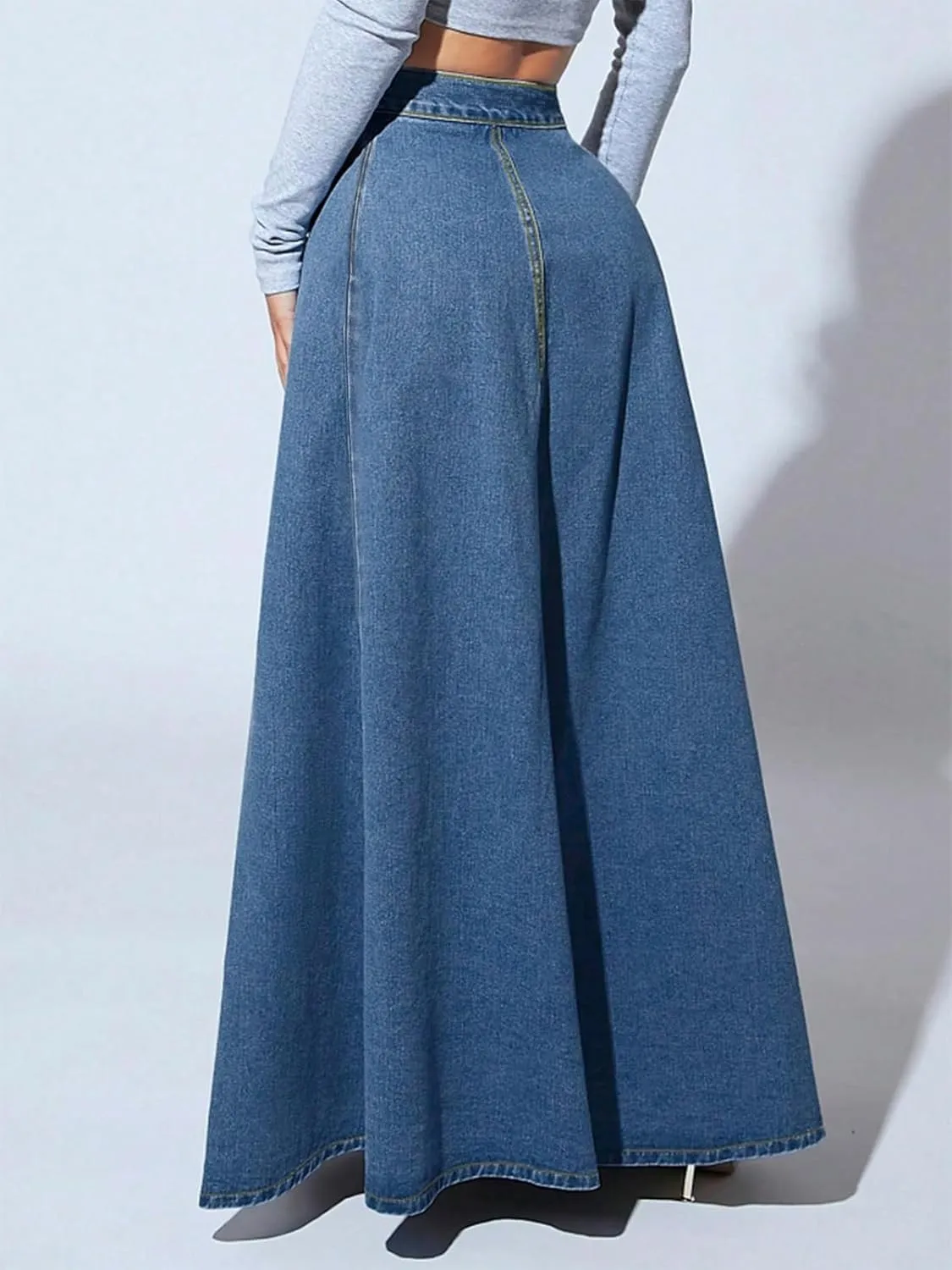 ebossy Women's Retro High Waisted Button Fly Flared Long Jean Skirts Pleated Flowy Swing A-line Denim Maxi Skirts