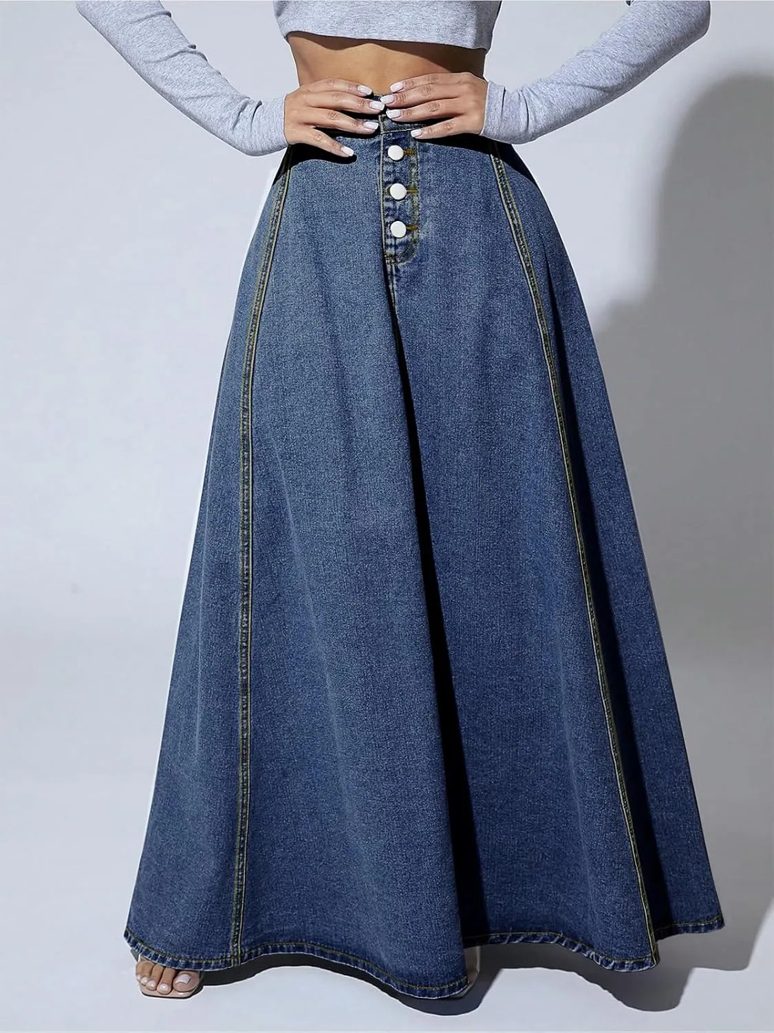 ebossy Women's Retro High Waisted Button Fly Flared Long Jean Skirts Pleated Flowy Swing A-line Denim Maxi Skirts