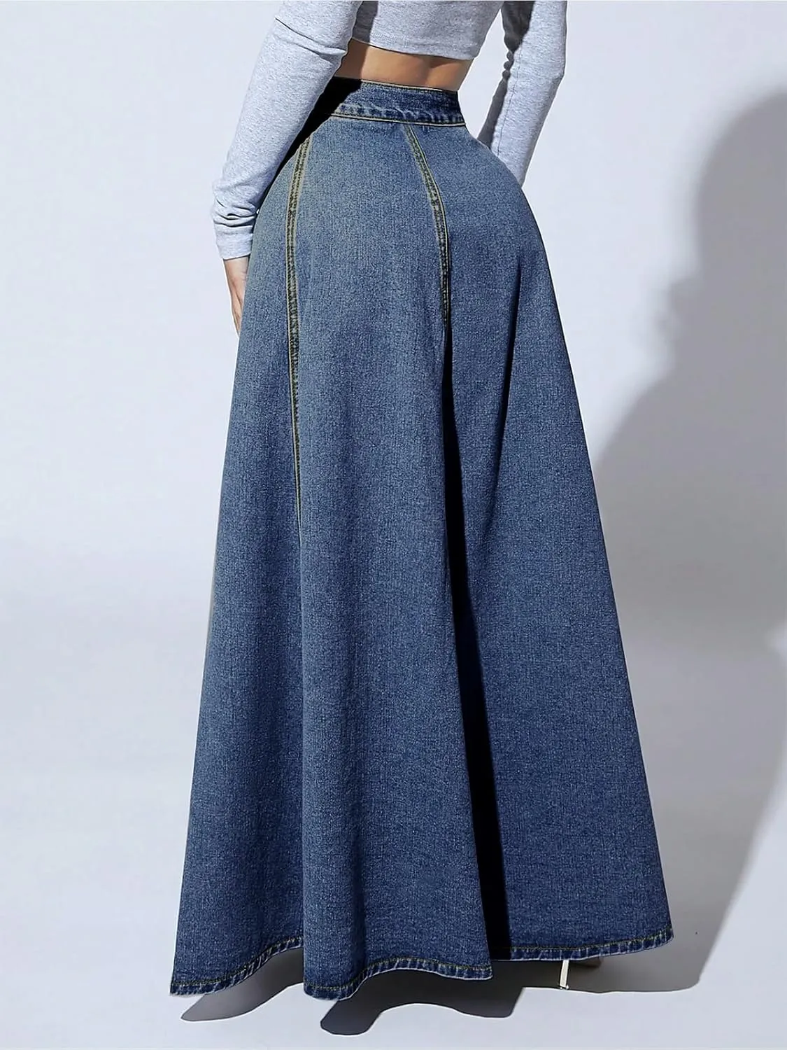 ebossy Women's Retro High Waisted Button Fly Flared Long Jean Skirts Pleated Flowy Swing A-line Denim Maxi Skirts