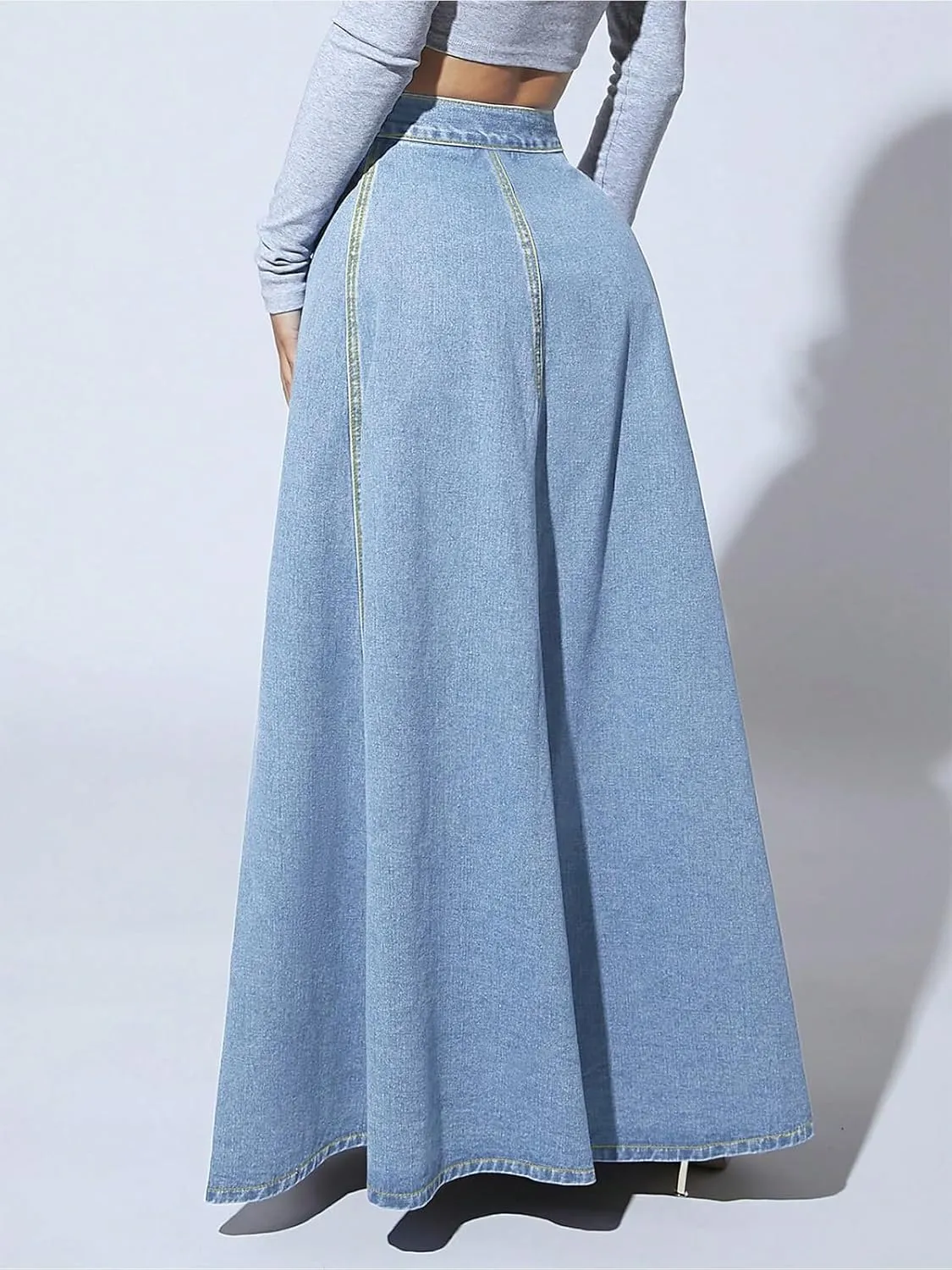 ebossy Women's Retro High Waisted Button Fly Flared Long Jean Skirts Pleated Flowy Swing A-line Denim Maxi Skirts