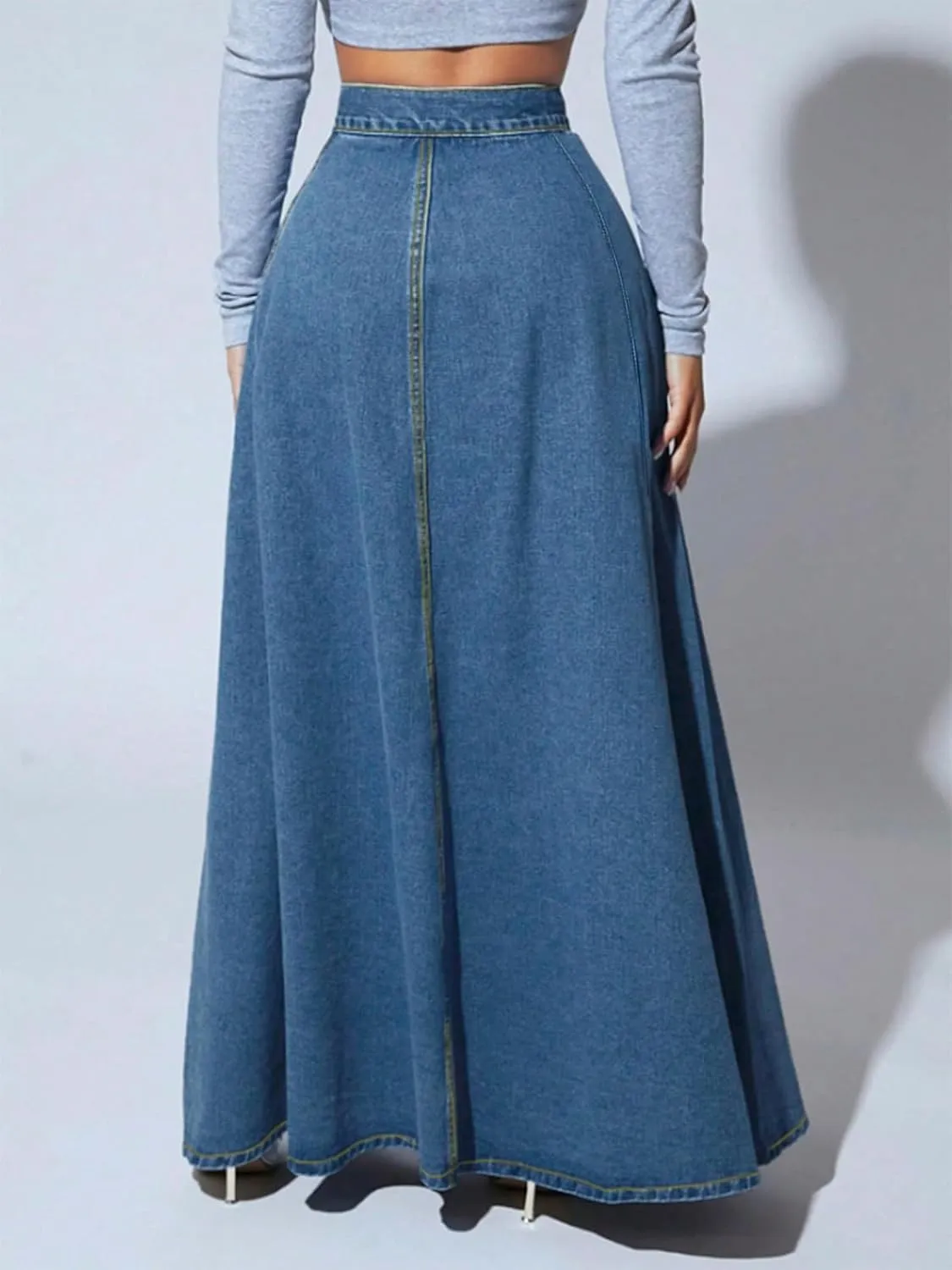 ebossy Women's Retro High Waisted Button Fly Flared Long Jean Skirts Pleated Flowy Swing A-line Denim Maxi Skirts