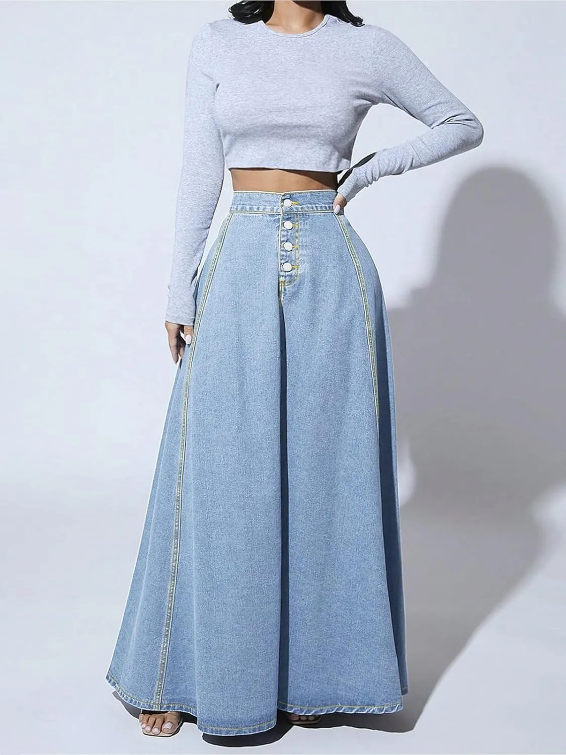 ebossy Women's Retro High Waisted Button Fly Flared Long Jean Skirts Pleated Flowy Swing A-line Denim Maxi Skirts