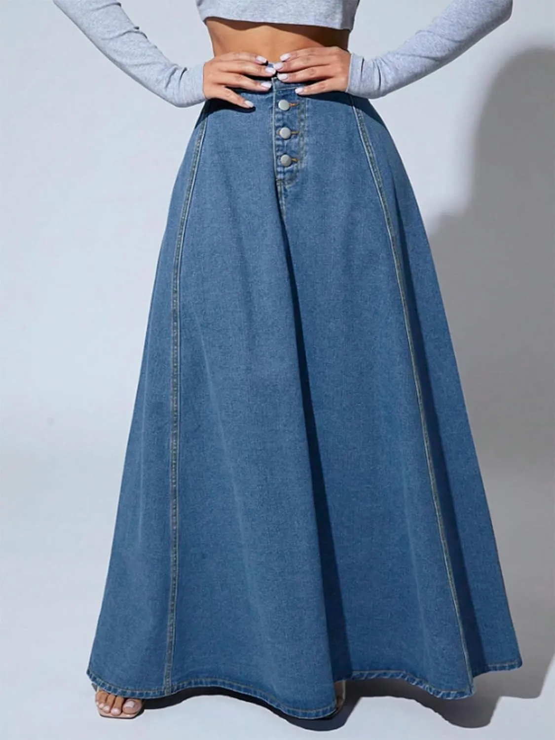 ebossy Women's Retro High Waisted Button Fly Flared Long Jean Skirts Pleated Flowy Swing A-line Denim Maxi Skirts