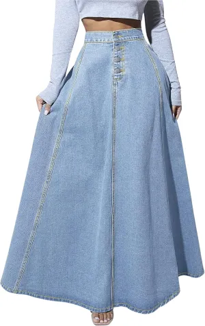 ebossy Women's Retro High Waisted Button Fly Flared Long Jean Skirts Pleated Flowy Swing A-line Denim Maxi Skirts
