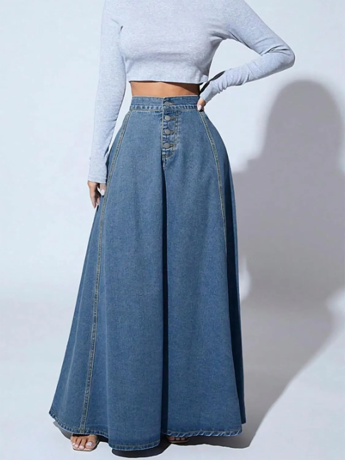 ebossy Women's Retro High Waisted Button Fly Flared Long Jean Skirts Pleated Flowy Swing A-line Denim Maxi Skirts