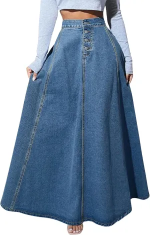 ebossy Women's Retro High Waisted Button Fly Flared Long Jean Skirts Pleated Flowy Swing A-line Denim Maxi Skirts