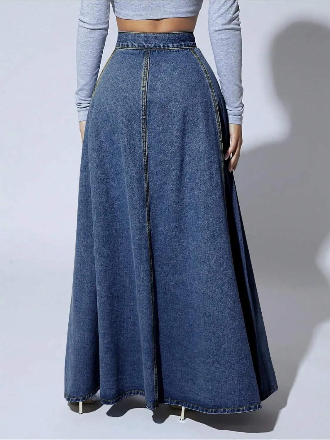 ebossy Women's Retro High Waisted Button Fly Flared Long Jean Skirts Pleated Flowy Swing A-line Denim Maxi Skirts
