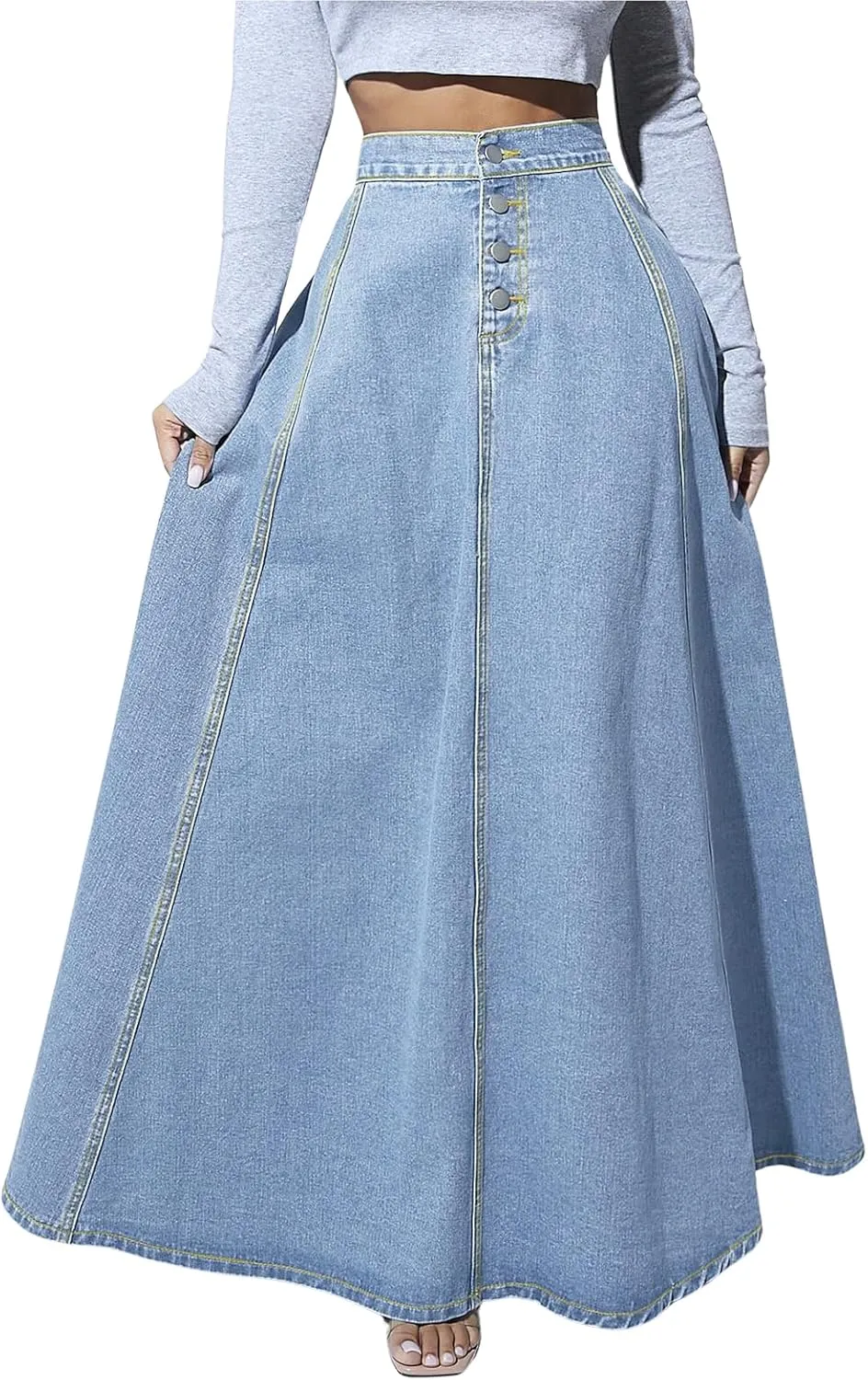 ebossy Women's Retro High Waisted Button Fly Flared Long Jean Skirts Pleated Flowy Swing A-line Denim Maxi Skirts